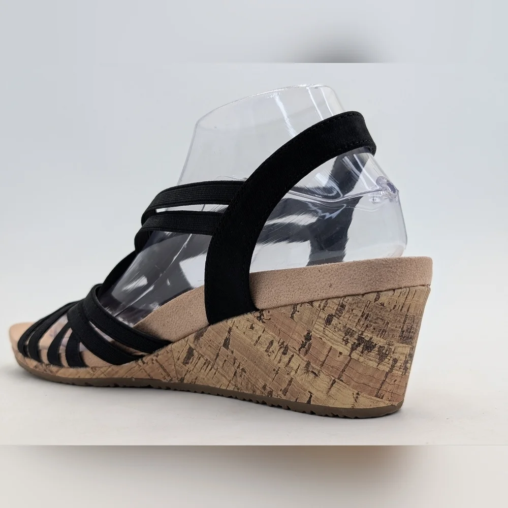 Life Stride Mallory Sz 9M Women's Black Elastic Straps Cork Texture Wedge Sandal